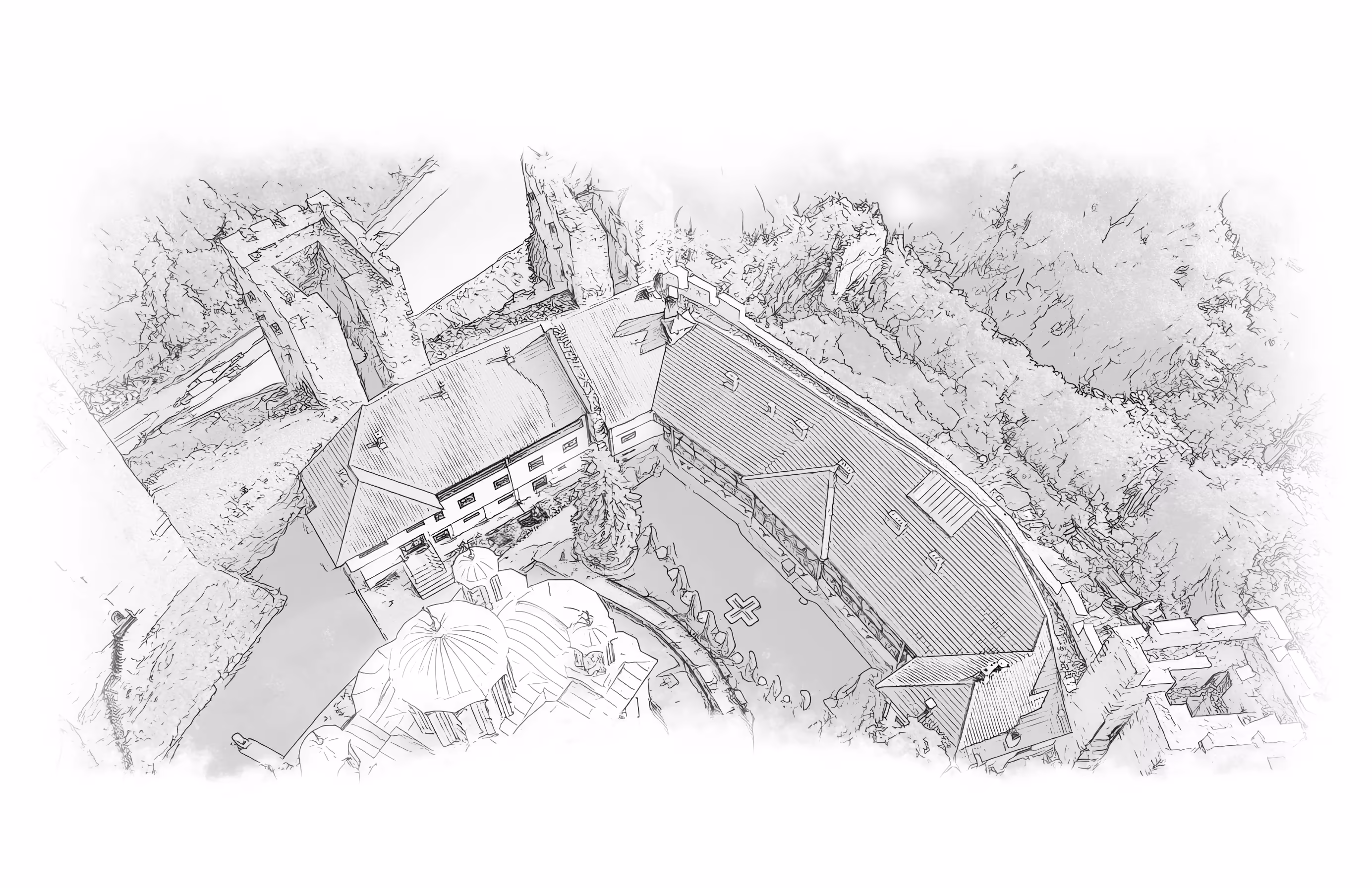 Manasija from the air - the guesthouse and the monks' lodgings along the ramparts, the domes of the Church of the Holy Trinity, engraving