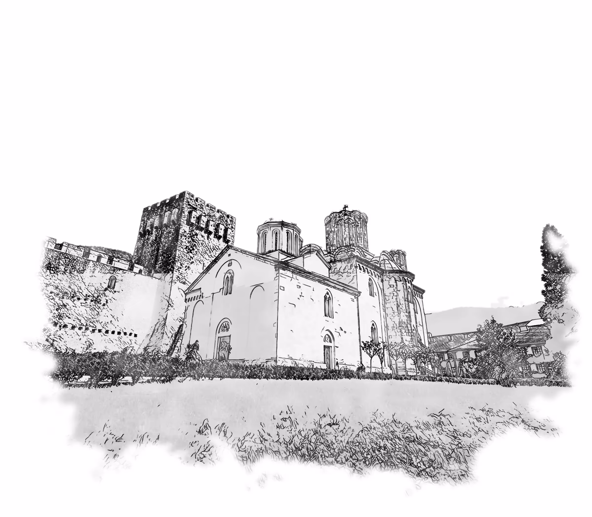 The Church of the Holy Trinity with its domes and the Despot's Tower, engraving