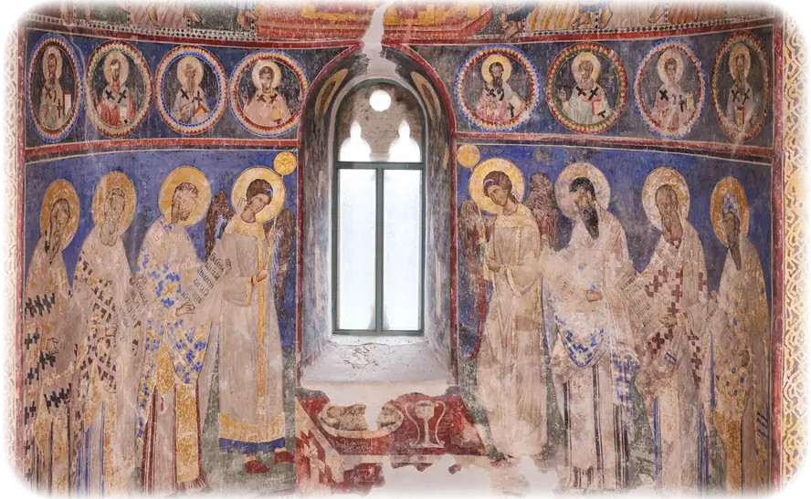 Fresco - holy hierarchs in the altar apse, with medallions of bishops above them