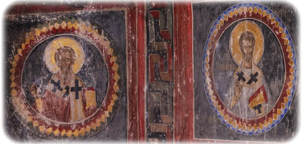 Fresco - busts of saints in medallions framed by bands with a zigzag row of lozenges