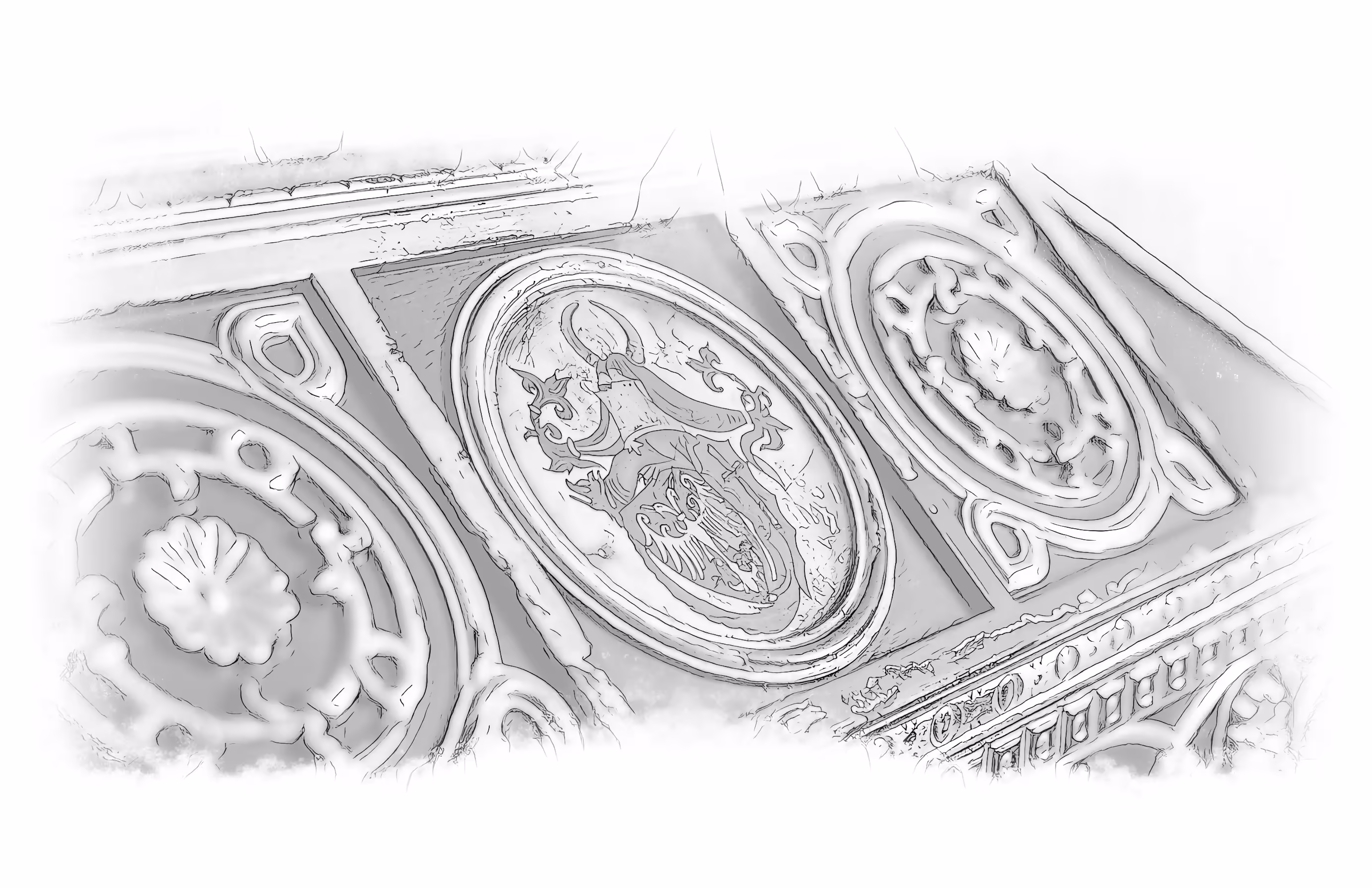 Carved gilded detail with a coat of arms, engraving