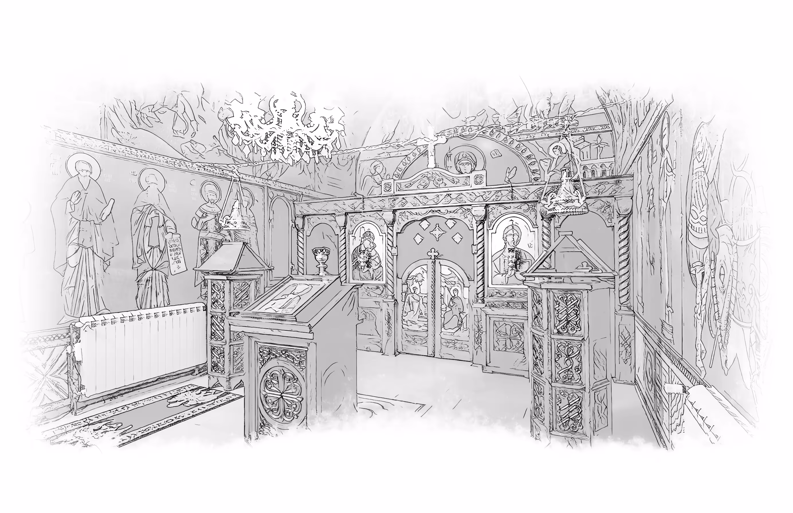 Chapel with a wooden iconostasis and choirs, engraving