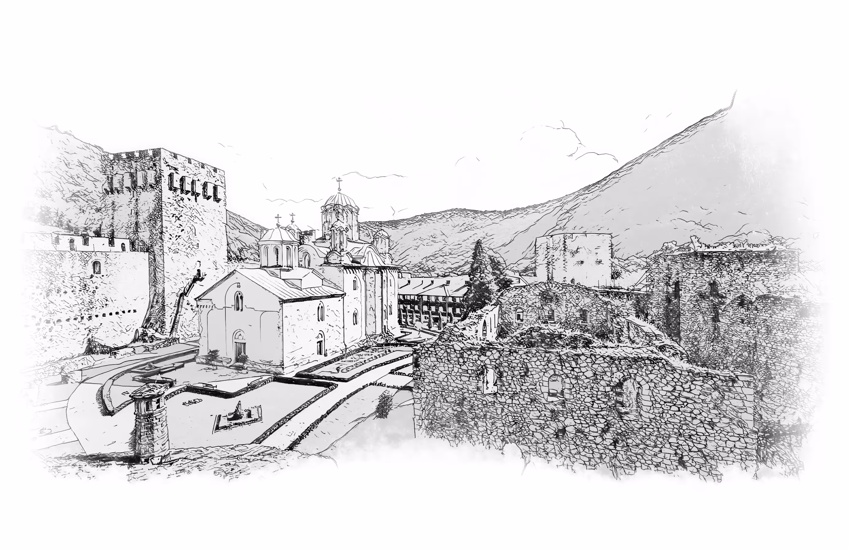 Ruins of the old refectory beside the Church of the Holy Trinity and the Despot's Tower, engraving